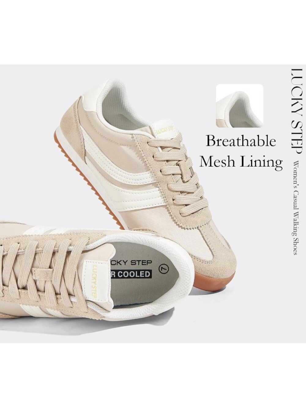 Women's Beige Lightweight Thin Sole Lace up Anti Slip Classic Retro Sneakers - Picture 2 of 6